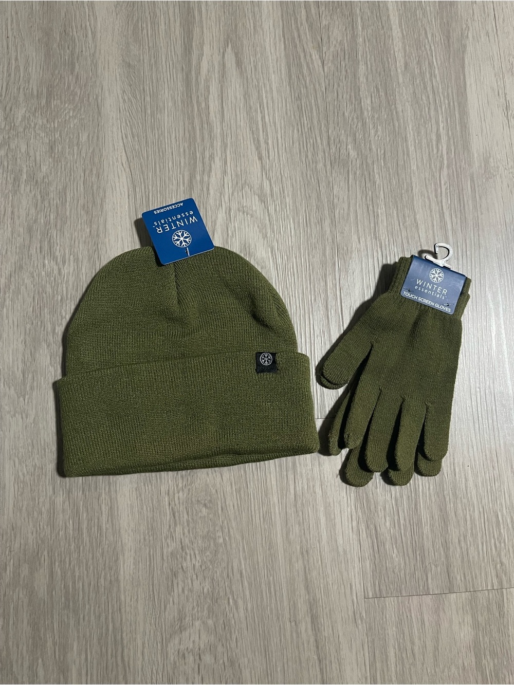 Winter Essentials Men's Olive Knit Beanie and Gloves Set